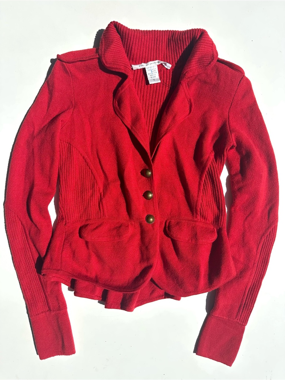 Diane Von Furstenberg Red Knit Blazer-Style Button Cardigan, Fitted, Peplum, S